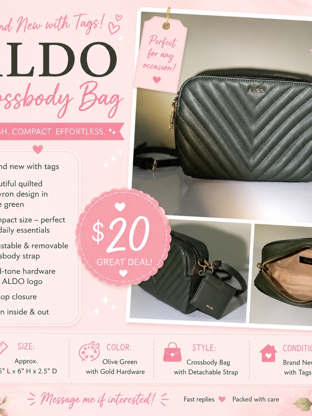 ALDO Olive Green Quilted Crossbody with Gold Hardware